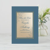Navy Gold Rectangle Floral Boho Save the Date Einladung (Stehend Vorderseite)