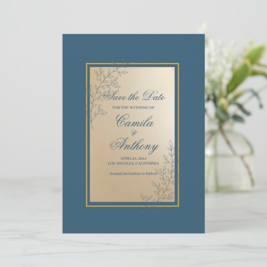 Navy Gold Rectangle Floral Boho Save the Date Einladung (Stehend Vorderseite)