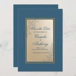 Navy Gold Rectangle Floral Boho Save the Date Einladung