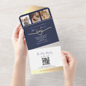 Navy Gold Rope Heart QR Hochzeit All In One Einladung (Abreißen)