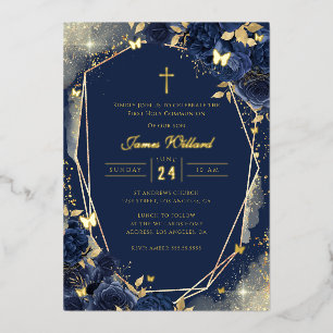 Navy Gold Rose Jungen Erste Kommunion Folie Folieneinladung