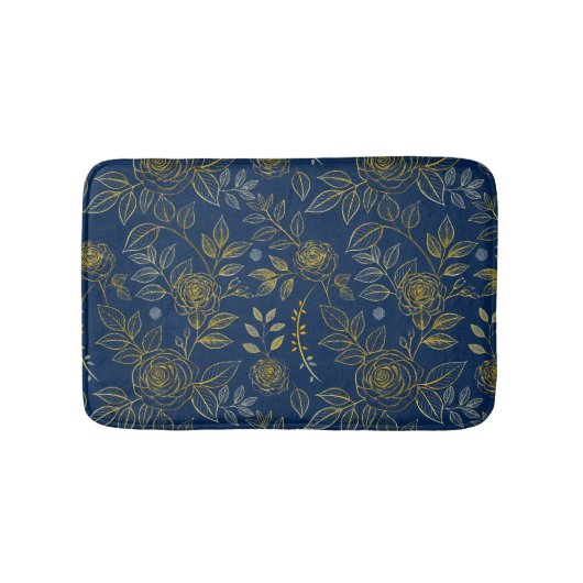 Navy & Gold Rose - Nahtloses botanisches Muster Badematte (Vorderseite)