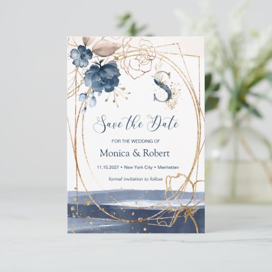 Navy & Gold Rose Save the Date (Stehend Vorderseite)