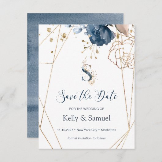 Navy & Gold Rose Save the Date (Vorne/Hinten)
