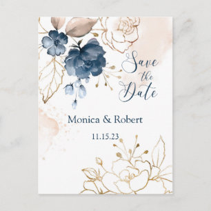 Navy & Gold Rose Save the Date Postkarte