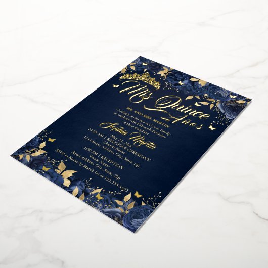 Navy Gold Rosen Mis Quince Quinceanera Folieneinladung (Gedreht)