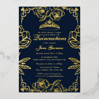 Navy Gold Rosengarten Quinceanera Folieneinladung