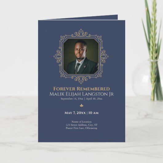 Navy & Gold Royal Thema Foto Trauerprogramm Einladung (Vorderseite)