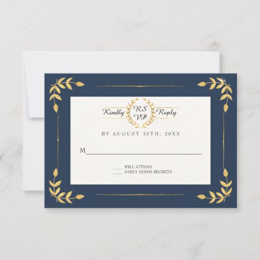Navy Gold RSVP Modern Laurel Leaf Wreath Foliage Karte (Vorderseite)