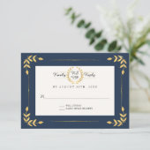 Navy Gold RSVP Modern Laurel Leaf Wreath Foliage Karte (Stehend Vorderseite)