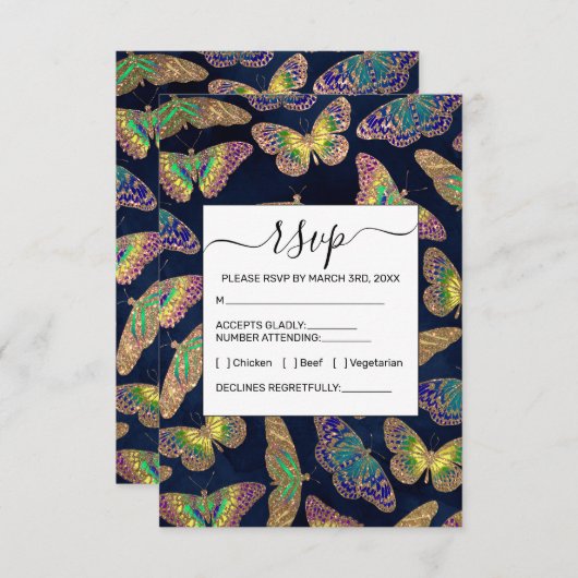Navy-Gold-Schmetterlinge Glitzer-Aquarellmuster Begleitkarte (Vorne/Hinten)