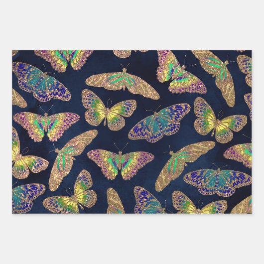 Navy-Gold-Schmetterlinge Glitzer-Aquarellmuster Geschenkpapier Set (Vorderseite 3)