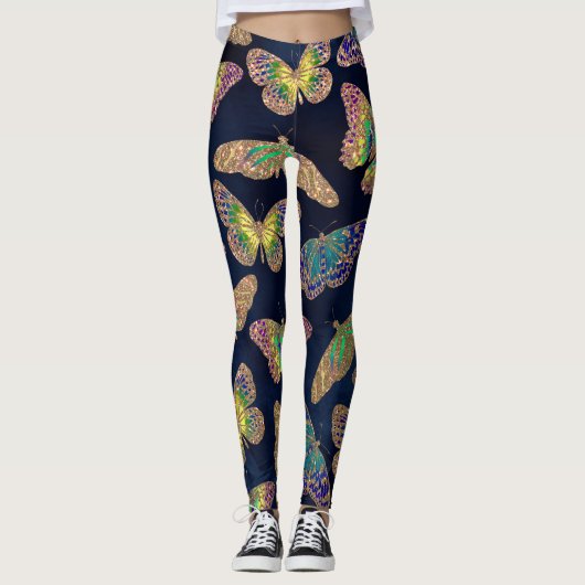Navy-Gold-Schmetterlinge Glitzer-Aquarellmuster Leggings (Vorderseite)