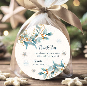 Navy Gold Schneeflocke Danke – Winter-Baby-Party Runder Aufkleber