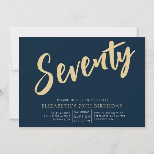 Navy Gold Script 70. Geburtstag Einladung (Vorderseite)