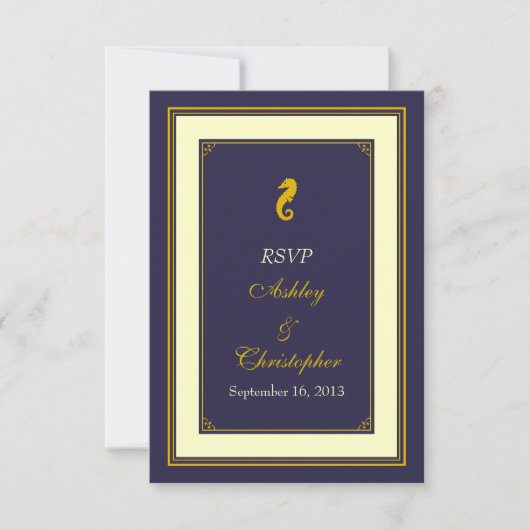 Navy Gold Seepferd Nautical Wedding Response Card RSVP Karte (Vorderseite)