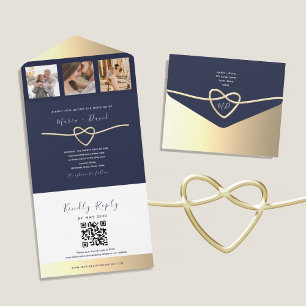 Navy Gold Seil Herz QR Hochzeit All In One Einladung