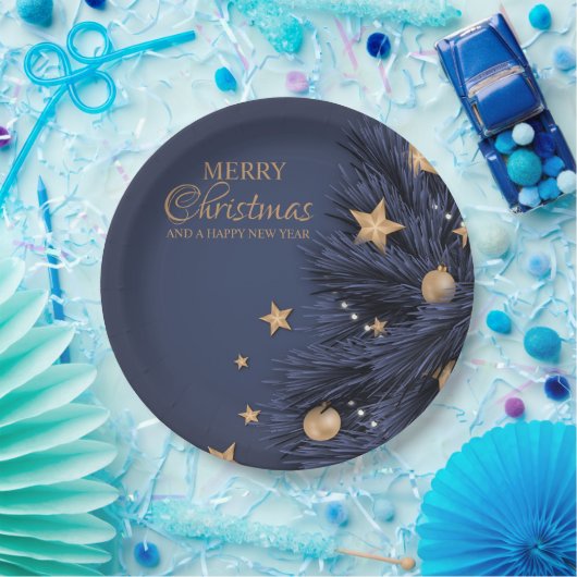 Navy Gold Simple Christmas Day 9"Round Paper Plate Pappteller (Party)