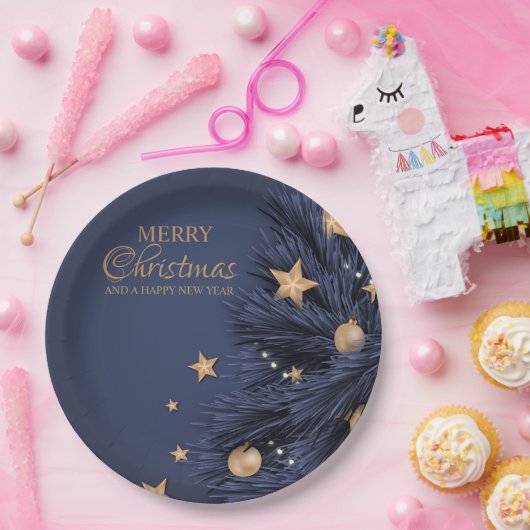 Navy Gold Simple Christmas Day 9"Round Paper Plate Pappteller (Party)