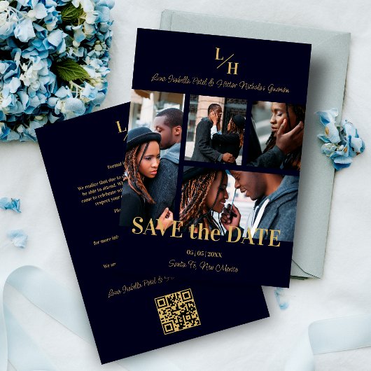 Navy & Gold Simple Classic 4 Multi-Fotos Collage Save The Date