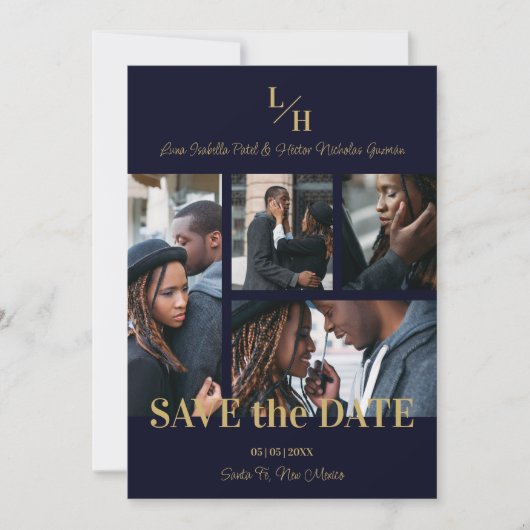 Navy & Gold Simple Classic 4 Multi Photos Collage Save The Date (Vorderseite)