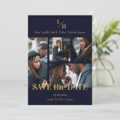 Navy & Gold Simple Classic 4 Multi Photos Collage Save The Date (Stehend Vorderseite)