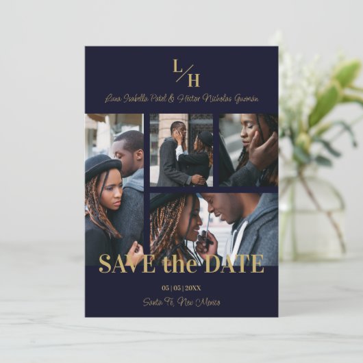 Navy & Gold Simple Classic 4 Multi Photos Collage Save The Date (Stehend Vorderseite)