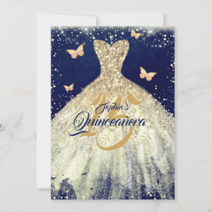 Navy Gold Sparkle Butterfly Dress Quinceanera Einladung