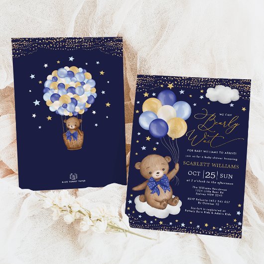 Navy Gold Teddy Bear Balloons Boy Baby Showdusche Einladung