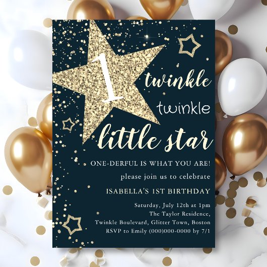 Navy & Gold Twinkle Little Star 1. Geburtstag Einladung