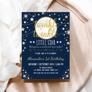 Navy Gold Twinkle Little Star Moon 1. Geburtstag Einladung