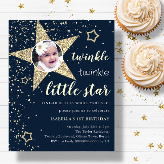 Navy & Gold Twinkle Star 1. Geburtstag Einladung