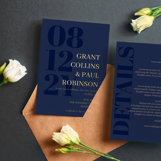 Navy & Gold Typografie 2 in 1 Hochzeit Folieneinladung