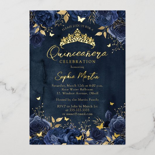 Navy Gold verzaubert Floral Butterfly Quinceanera Folieneinladung (Vorderseite)