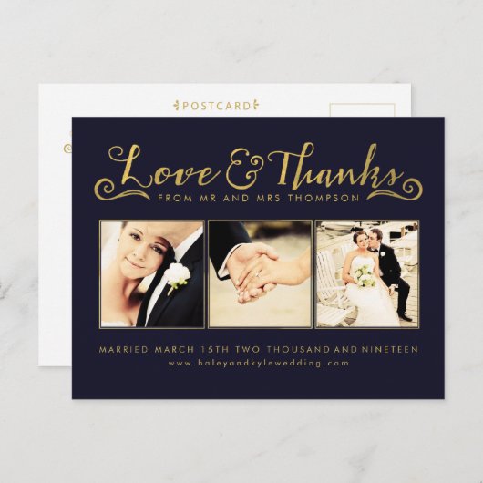 Navy Gold Vielen Dank Script Typografy Foto Postkarte (Vorne/Hinten)