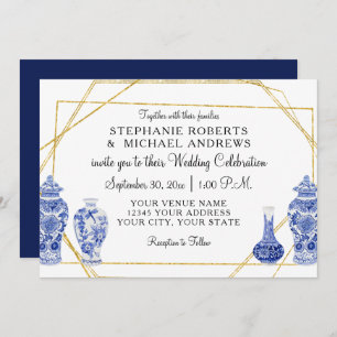 Navy Gold Vintage chinesische Vintag Vase Horizont Einladung