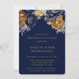 Navy Gold Watercolor Peony Bridesmaids Luncheon Einladung