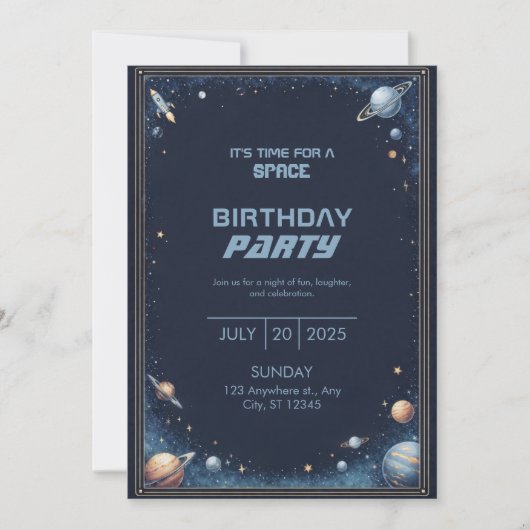Navy Gold Watercolor Rocket Planet Border Birthday Einladung (Vorderseite)