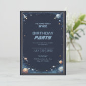 Navy Gold Watercolor Rocket Planet Border Birthday Einladung (Stehend Vorderseite)