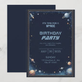 Navy Gold Watercolor Rocket Planet Border Birthday Einladung (Vorne/Hinten)