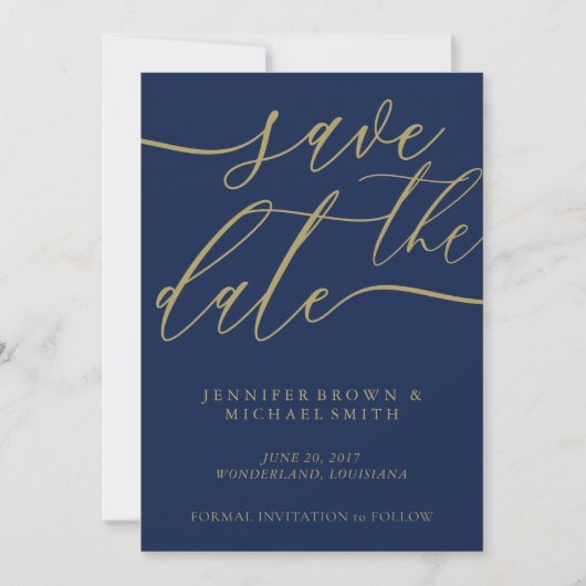 Navy Gold Wedding Rett Date Foto Calligraphy Save The Date (Vorderseite)
