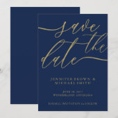 Navy Gold Wedding Rett Date Foto Calligraphy Save The Date (Vorne/Hinten)