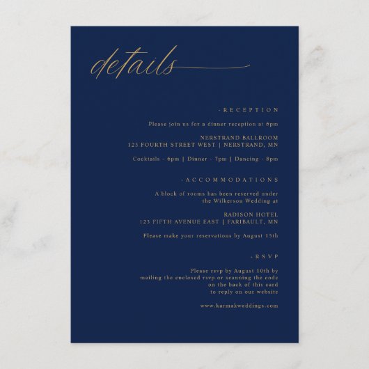 Navy Gold Wedding Soft Delicate Romantische Detail Begleitkarte (Vorderseite)