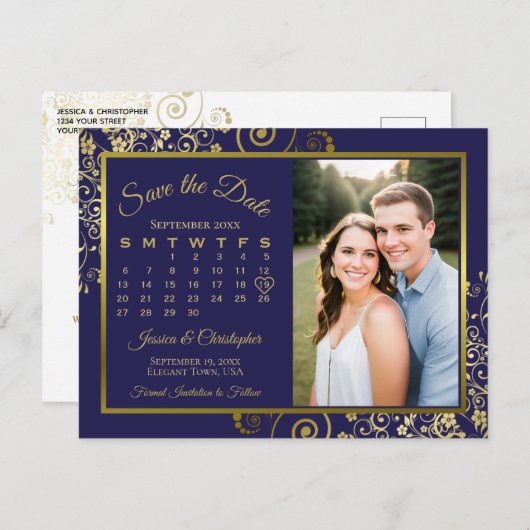 Navy & Gold Wedding Speichern Sie das Date Calenda Ankündigungspostkarte (Vorne/Hinten)