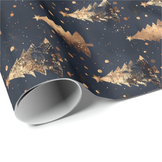 Navy & Gold Weihnachtsbaum Geschenkpapier (Rolleneckpunkt)