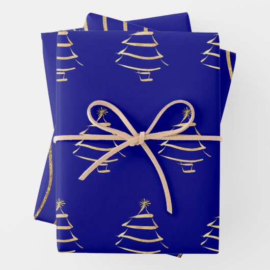 Navy Gold Weihnachtsbaum Snowflake Wavy Lines Geschenkpapier Set (Beispiel)