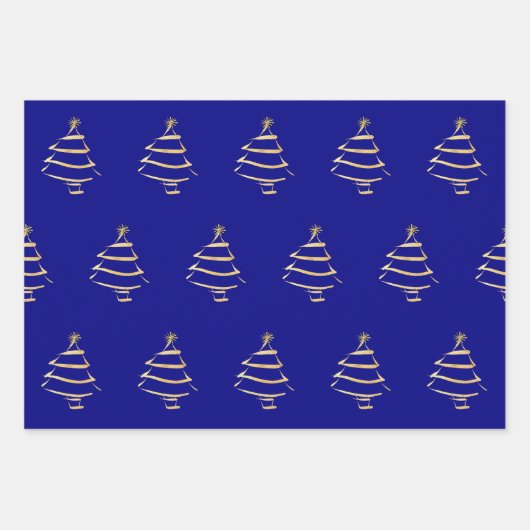 Navy Gold Weihnachtsbaum Snowflake Wavy Lines Geschenkpapier Set (Vorderseite)