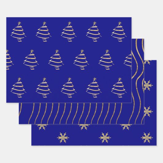 Navy Gold Weihnachtsbaum Snowflake Wavy Lines Geschenkpapier Set (Set)