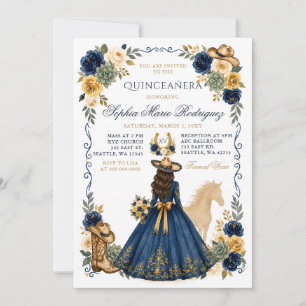 Navy Gold Western Horse Floral Charra Quinceañera Einladung