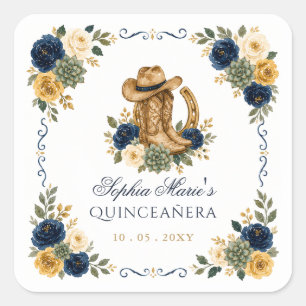 Navy Gold Western Pferd Floral Charra Quinceañera Quadratischer Aufkleber